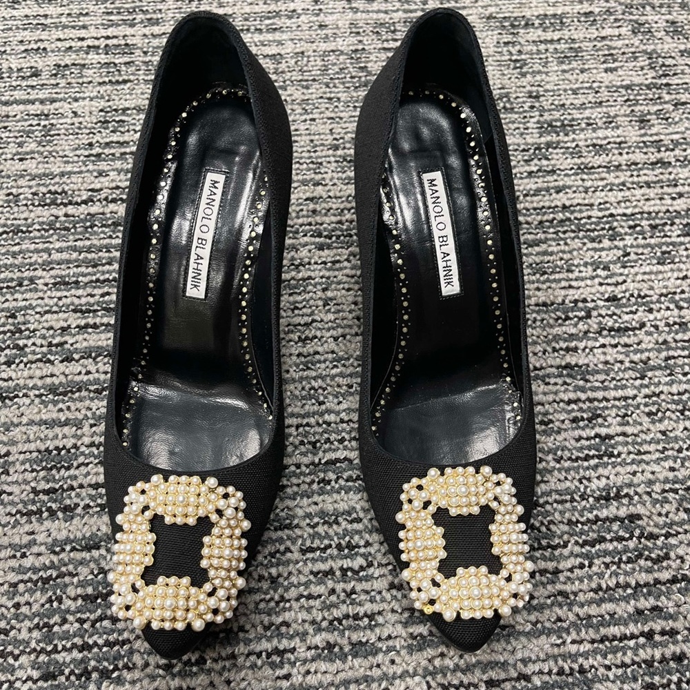 Manolo Blahnik Black Heels with cream circular pearl